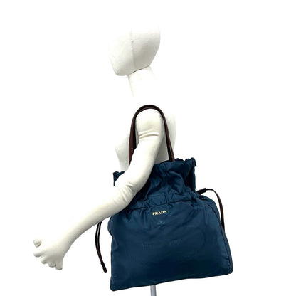 Prada Logo Tessuto Pocono Nylon Leather Drawstring Tote Shoulder Bag Blue — view 2