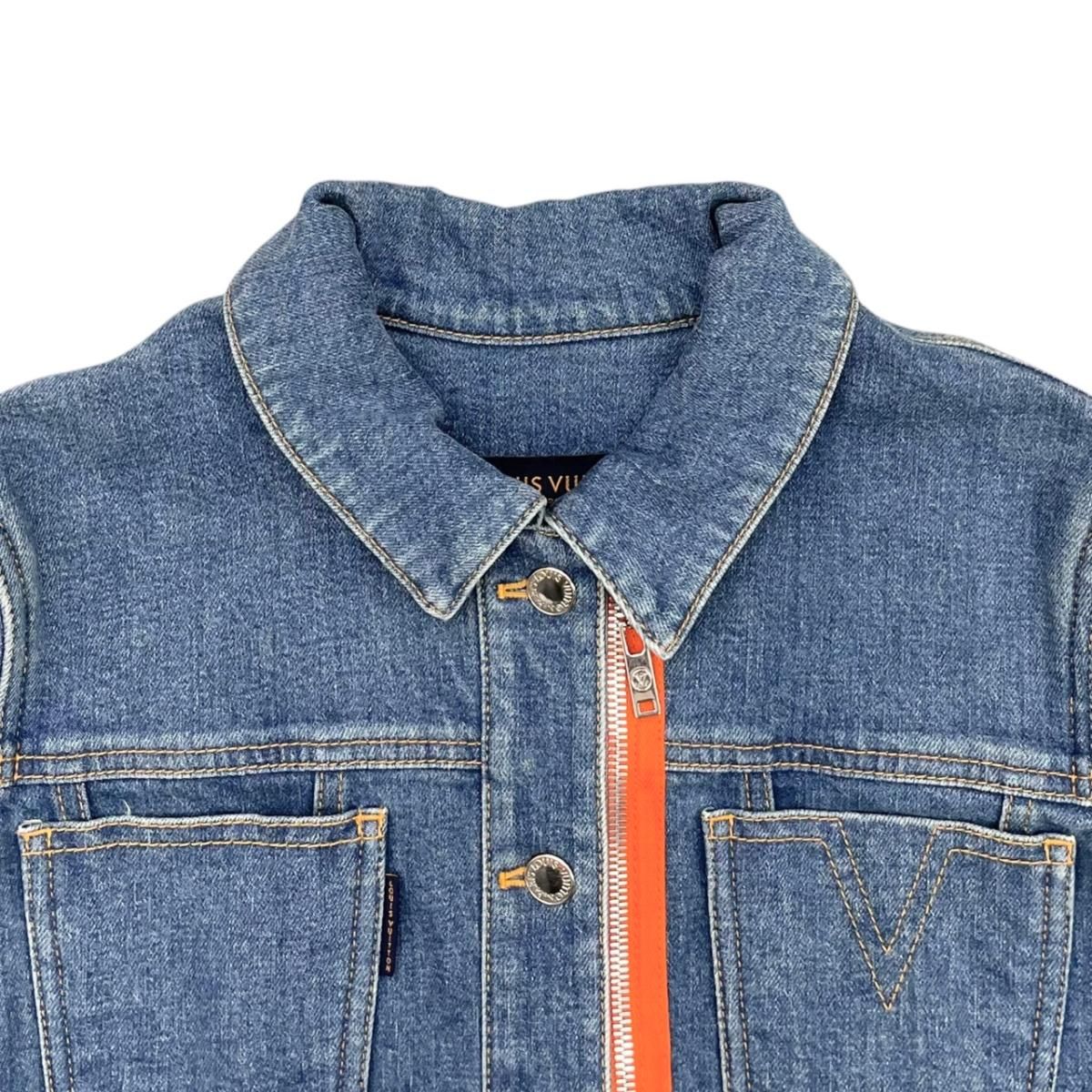 Louis Vuitton Denim Jacket Zip Up FF Monogram Logo Patch Blue Orange 40 — view 3