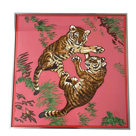 Hermes Silk Scarf les Tigreaux Gavroche Pink Tiger Cub Framed