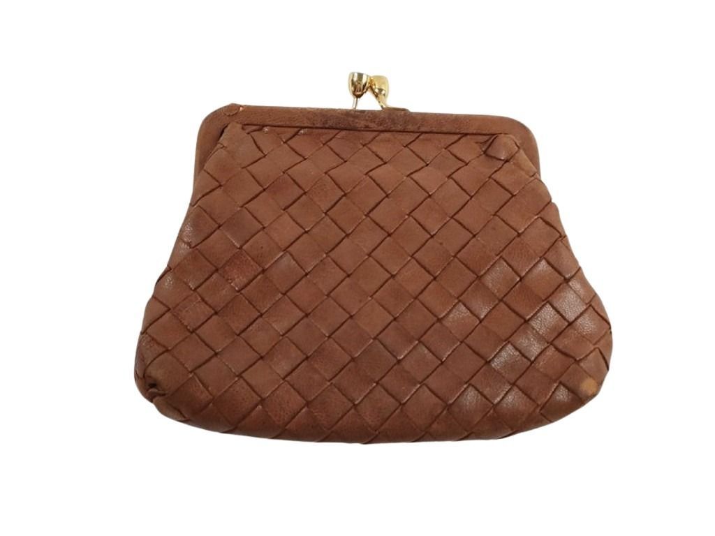 Bottega Veneta Coin Purse Intrecciato Brown Leather Kiss Lock Gold