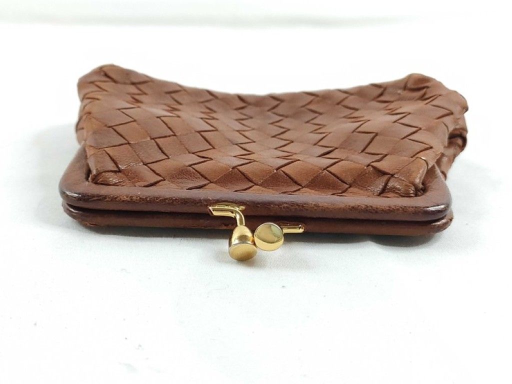 Bottega Veneta Coin Purse Intrecciato Brown Leather Kiss Lock Gold — view 6