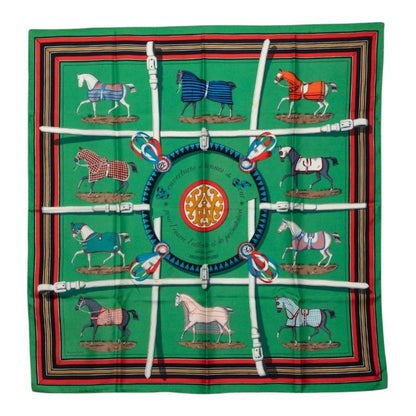 Hermes Carre 90 Equestrian Couvertures Et Tenues de Jour Scarf Green Multicolor