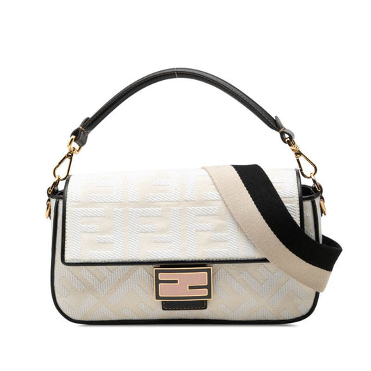 Fendi Baguette Shoulder Bag White Black Pink Canvas Leather