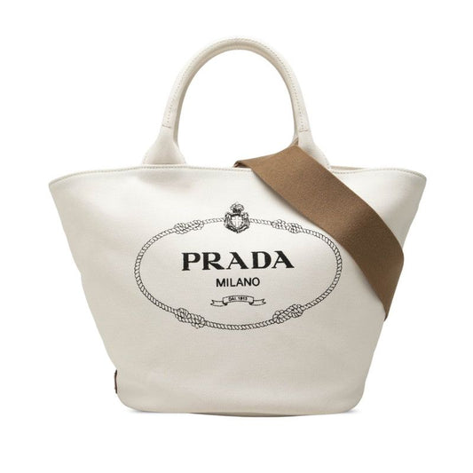 Prada Canapa Tote Shoulder Bag White Canvas
