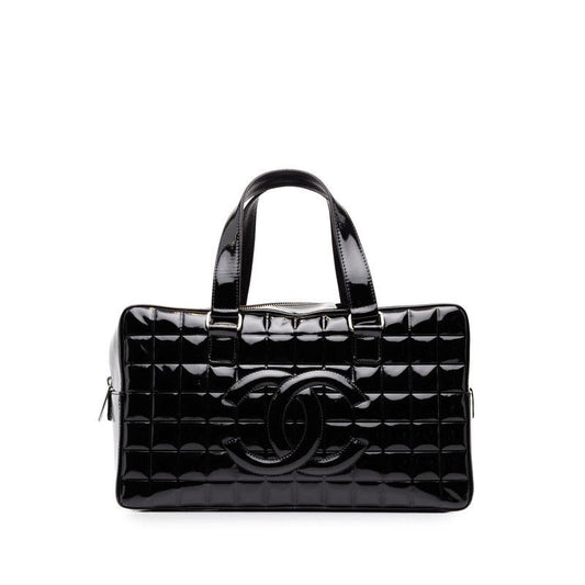Chanel CC Logo Choco Bar Handbag Mini Boston Black Patent Leather