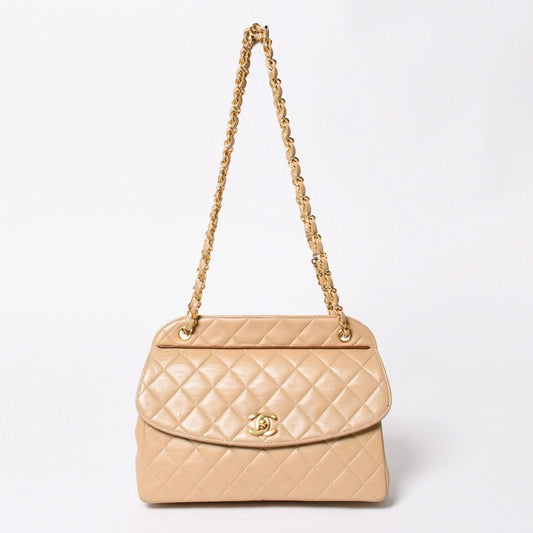 Chanel Quilted CC Logo Diana Flap Chain Shoulder Bag Beige Gold Lambskin
