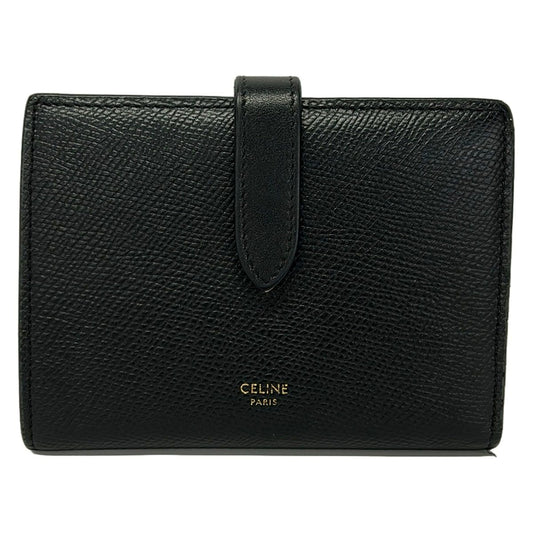 Celine Bifold Wallet Medium Strap Black Gold Leather