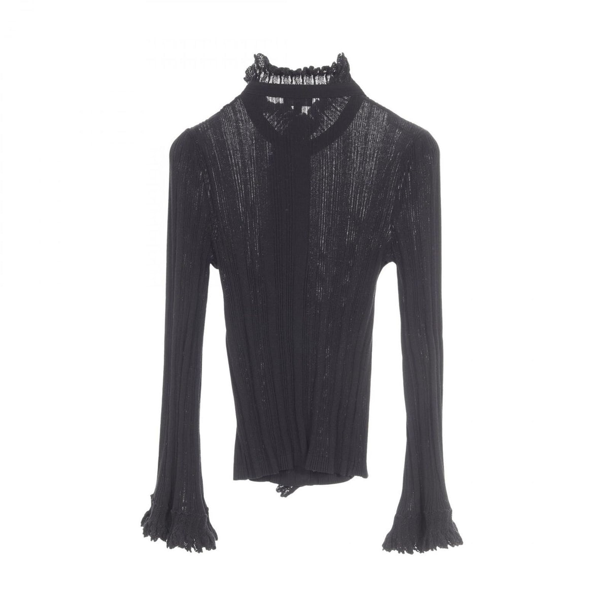 Chanel Blouse CC Logo Button Ruffle Knit Black Cotton Sweater — view 2