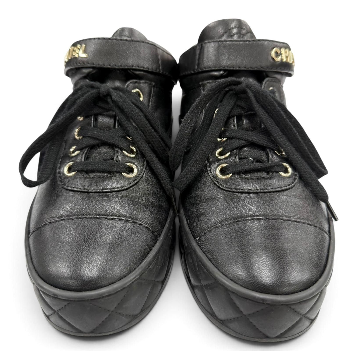 Chanel CC Logo Velcro Lace-up Leather Middle High Top Sneakers Black — view 3