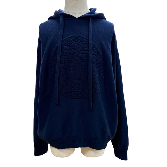 Versace Wool Cashmere Medusa Knit Hoodie Pullover Sweater Blue