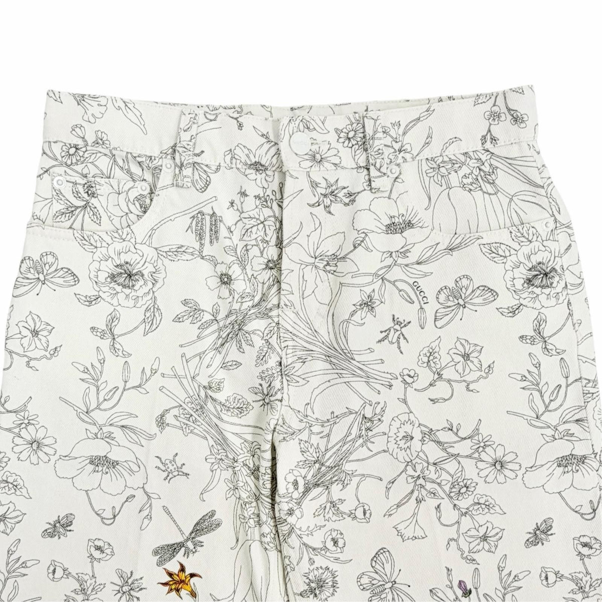 Gucci Cotton 100% Logo Leather Patch Floral Print Pants White Multicolor 24 — view 3