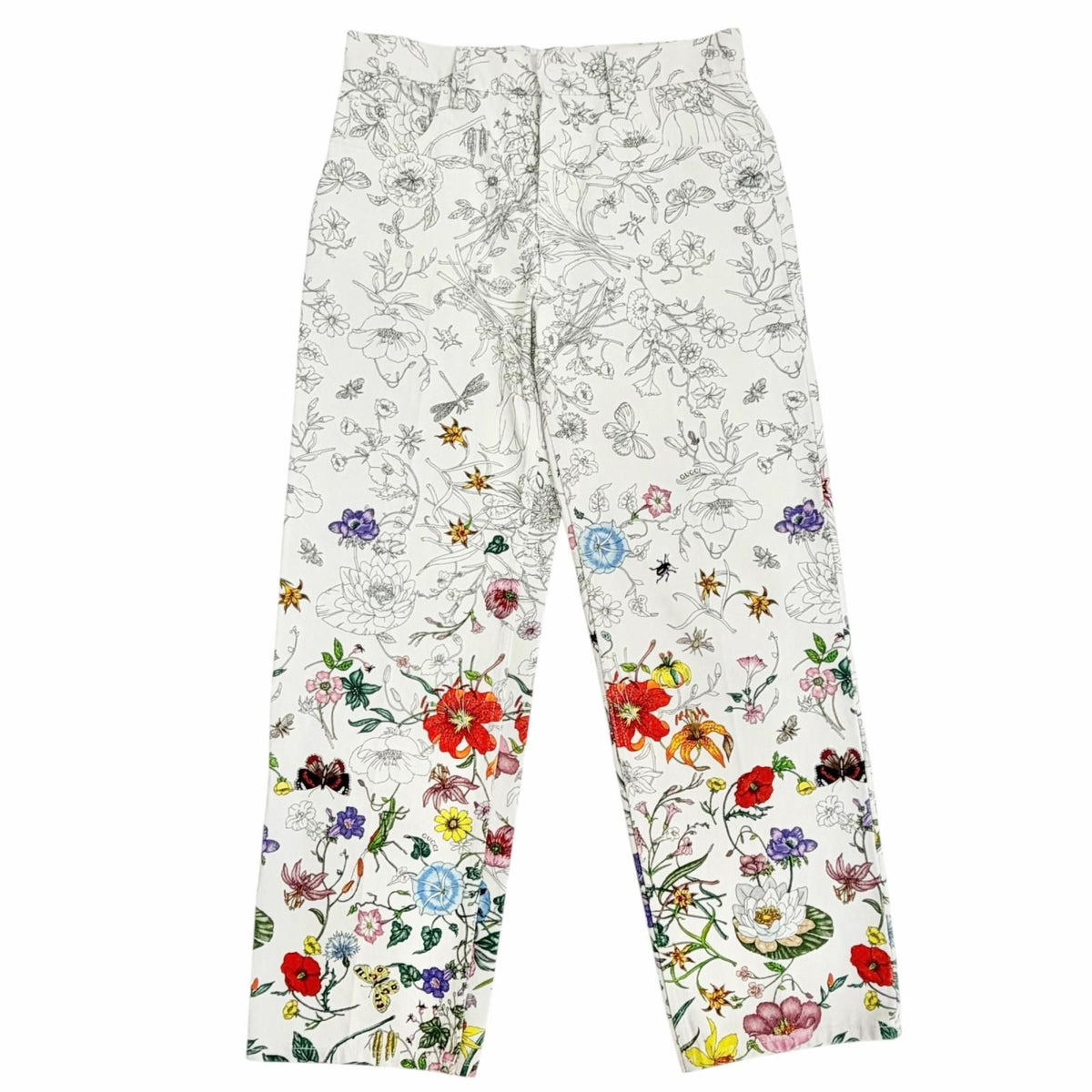 Gucci Cotton 100% Logo Leather Patch Floral Print Pants White Multicolor 24