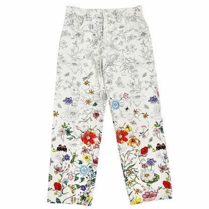 Gucci Cotton 100% Logo Leather Patch Floral Print Pants White Multicolor 24