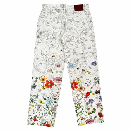 Gucci Cotton 100% Logo Leather Patch Floral Print Pants White Multicolor 24 — view 2