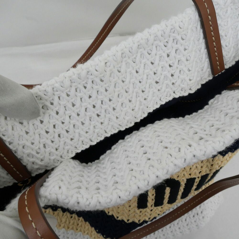 Miu Miu Raffia Effect Woven Tote Bag White Navy Beige — view 7