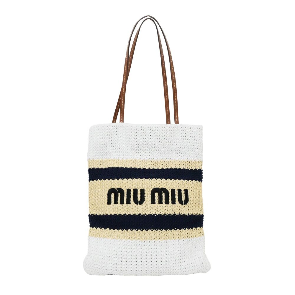 Miu Miu Raffia Effect Woven Tote Bag White Navy Beige
