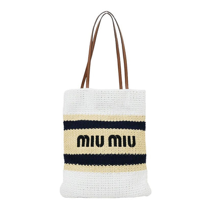 Miu Miu Raffia Effect Woven Tote Bag White Navy Beige