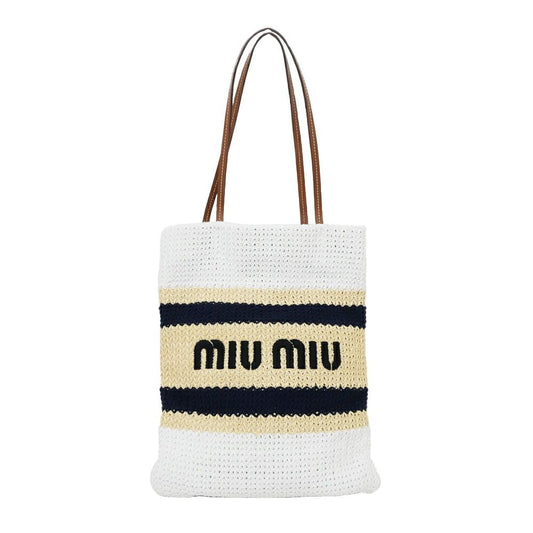 Miu Miu Raffia Effect Woven Tote Bag White Navy Beige