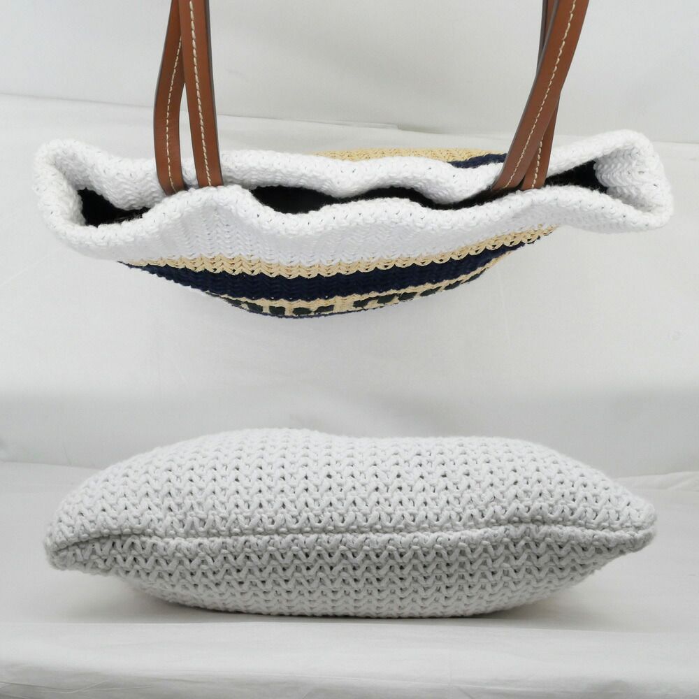 Miu Miu Raffia Effect Woven Tote Bag White Navy Beige — view 4
