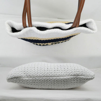 Miu Miu Raffia Effect Woven Tote Bag White Navy Beige — view 4