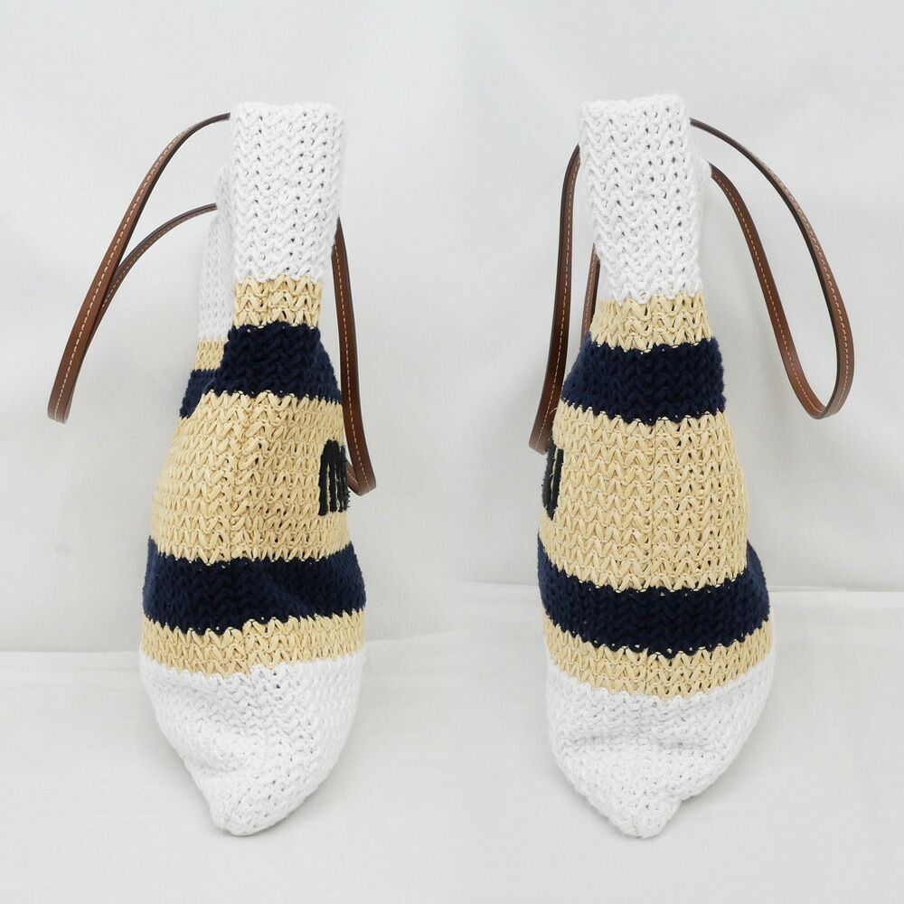 Miu Miu Raffia Effect Woven Tote Bag White Navy Beige — view 3