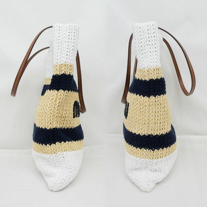 Miu Miu Raffia Effect Woven Tote Bag White Navy Beige — view 3