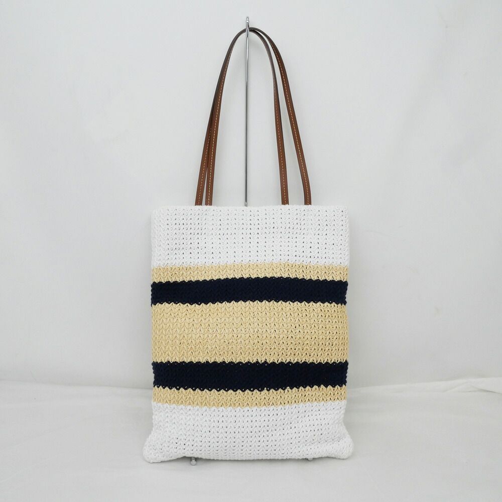 Miu Miu Raffia Effect Woven Tote Bag White Navy Beige — view 2