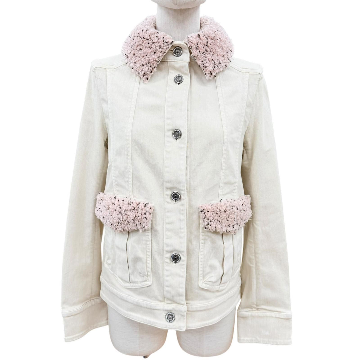 Chanel 16B Stone Mini Coco Buttons Fleece Denim Jacket Ivory 34