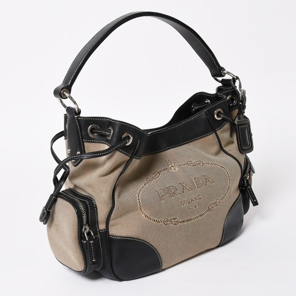 Prada Handbag Bag Logo Jacquard Leather Black Beige Silver — view 3