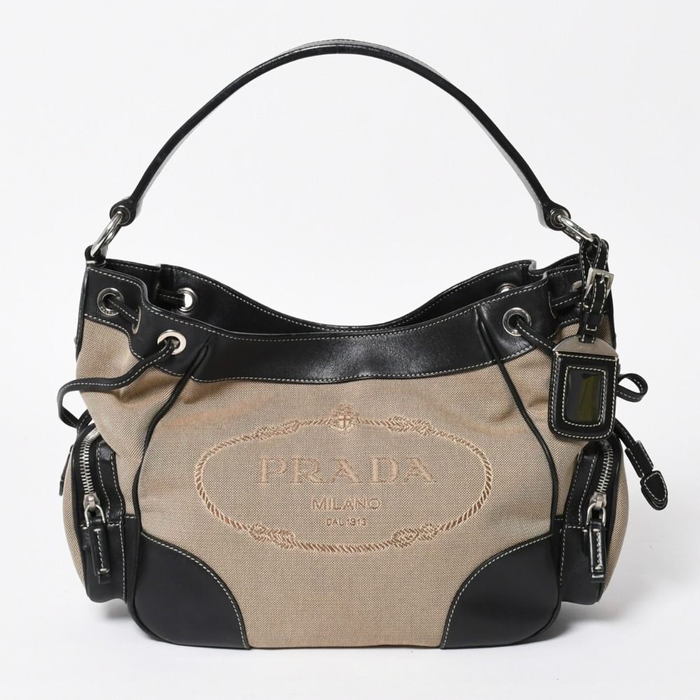 Prada Handbag Bag Logo Jacquard Leather Black Beige Silver