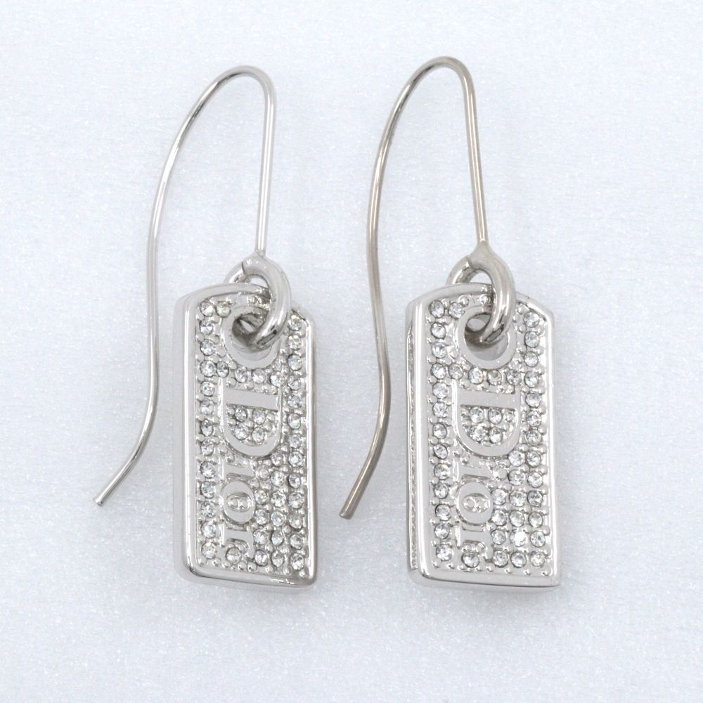 Dior Logo Plate Metal Rhinestone Silver Earrings — view 4