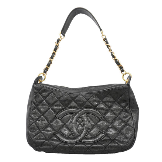 Chanel Shoulder Bag Quilted Caviar Leather Black Gold