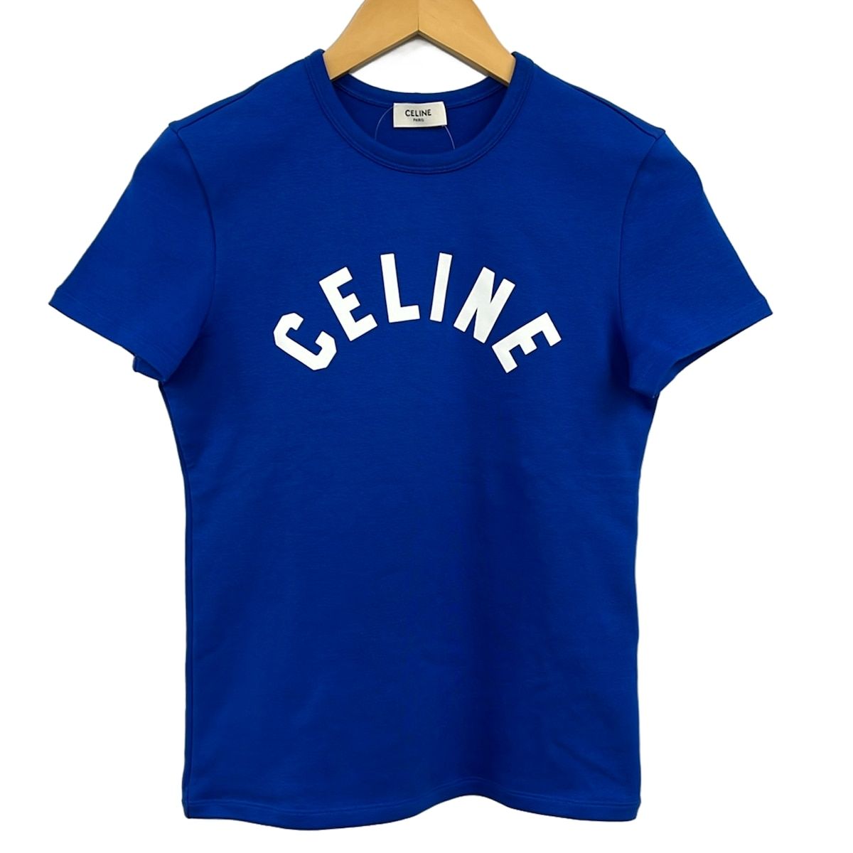 Celine Short Sleeve T-Shirt GG K4 Blue Logo Ribbed Cotton Jersey L