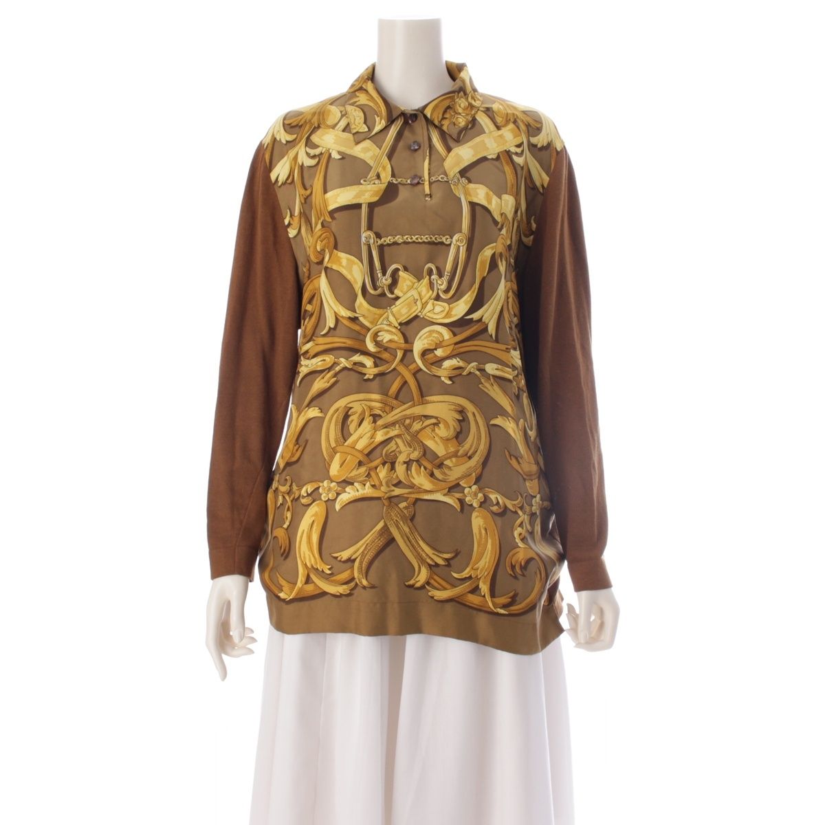 Hermes Silk Cotton Blend Long Sleeve All Over Print Knit Contrast Polo Shirt