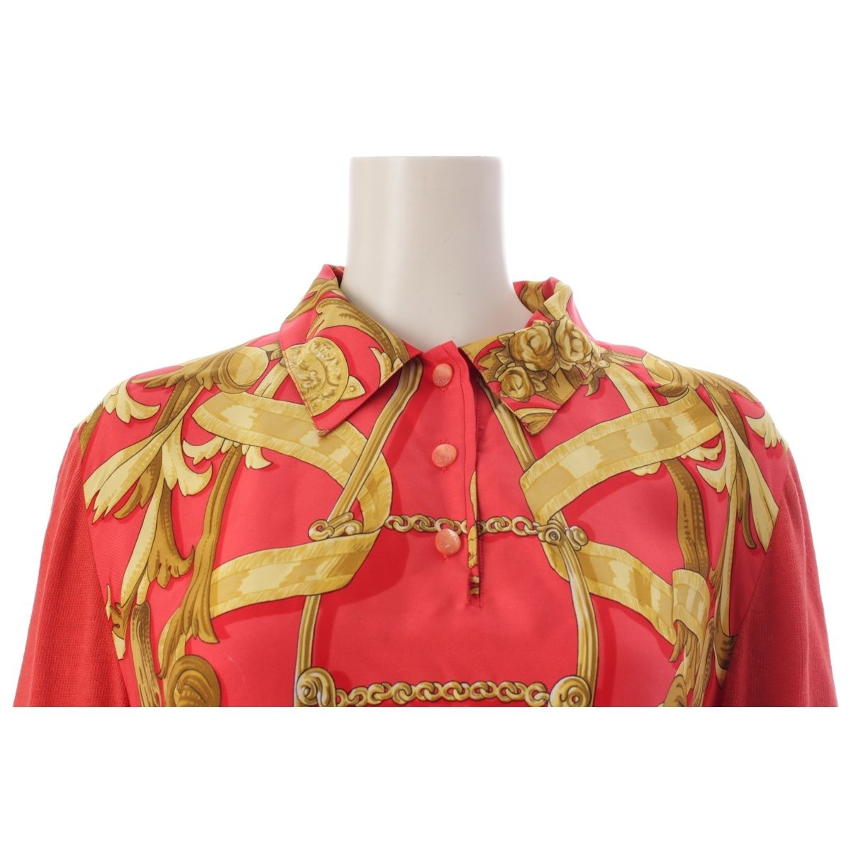 Hermes Vintage Silk Knit All Over Print Polo Long Sleeve Shirt Top Red Sweater — view 5