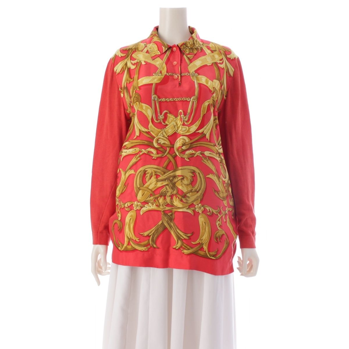 Hermes Vintage Silk Knit All Over Print Polo Long Sleeve Shirt Top Red Sweater