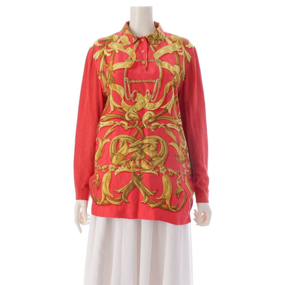 Hermes Vintage Silk Knit All Over Print Polo Long Sleeve Shirt Top Red Sweater