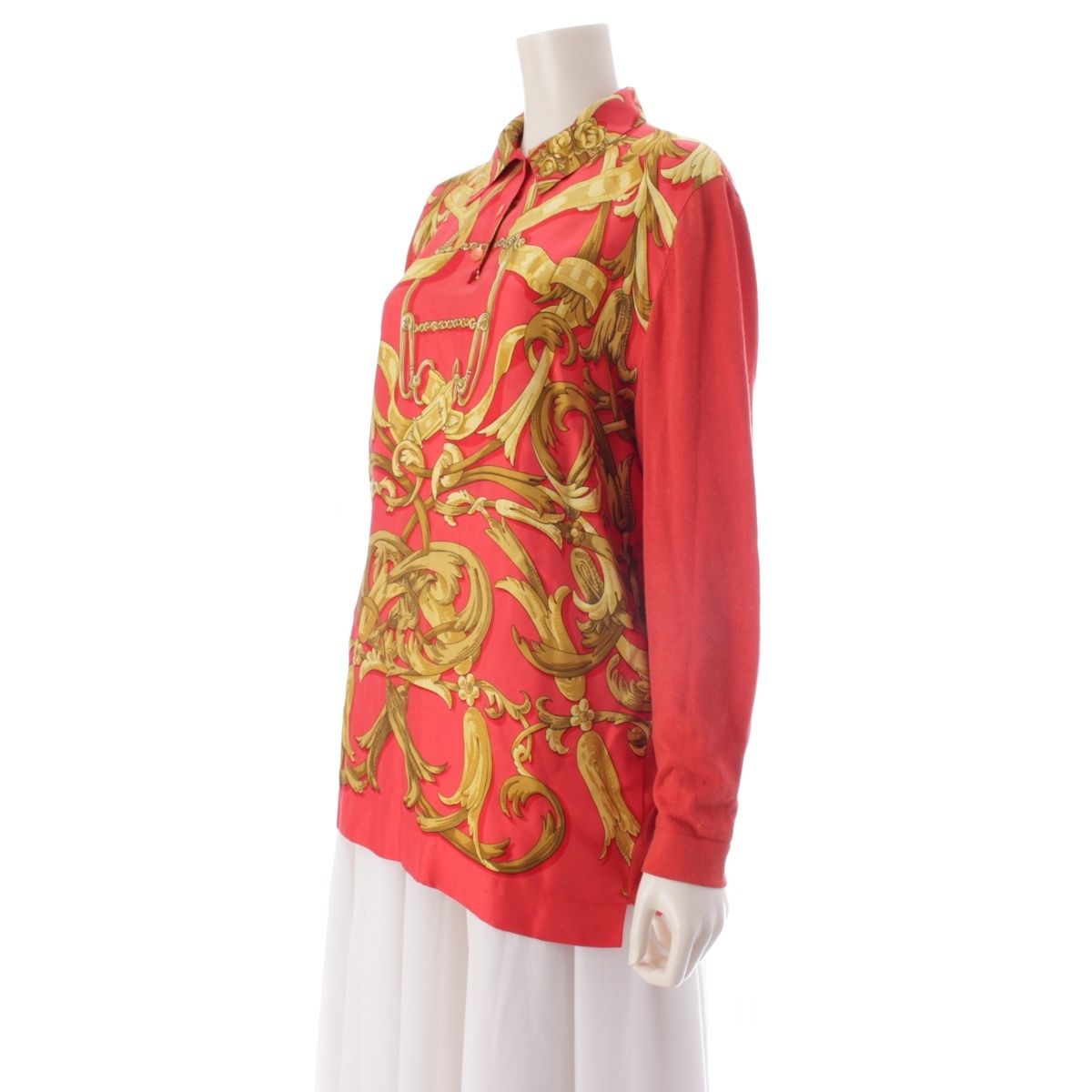 Hermes Vintage Silk Knit All Over Print Polo Long Sleeve Shirt Top Red Sweater — view 2