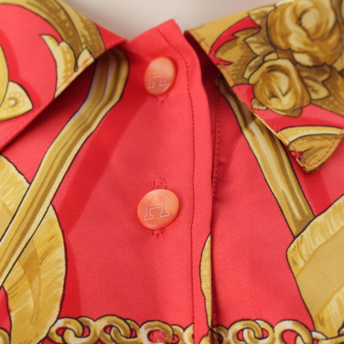 Hermes Vintage Silk Knit All Over Print Polo Long Sleeve Shirt Top Red Sweater — view 7