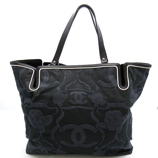Chanel Camellia Tote Bag Canvas Leather Black