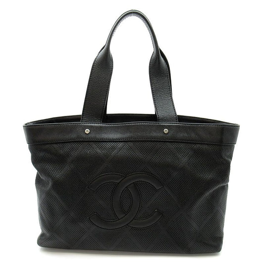 Chanel CC Logo Perforated Tote Bag Leather Black