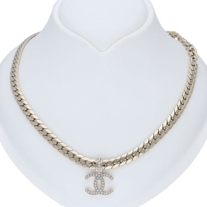 Chanel CC Logo Rhinestone Necklace Brass