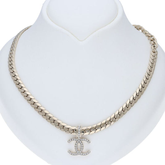 Chanel CC Logo Rhinestone Necklace Brass