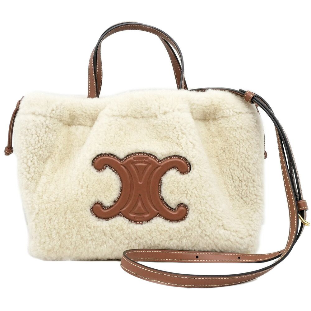 Celine Small Drawstring Shearling Natural Tan Leather Shoulder Bag