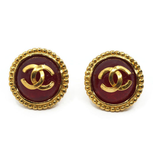 Chanel CC Logo Gripoix Earrings Gold Red