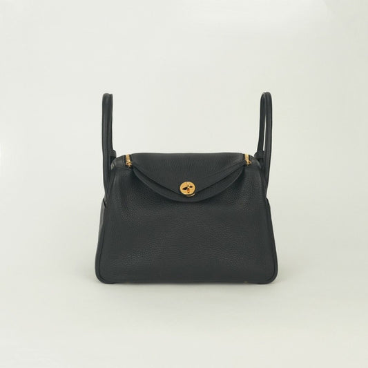 Hermes Lindy 30 Tote Shoulder Bag Taurillon Clemence Noir Black Gold 2-Way