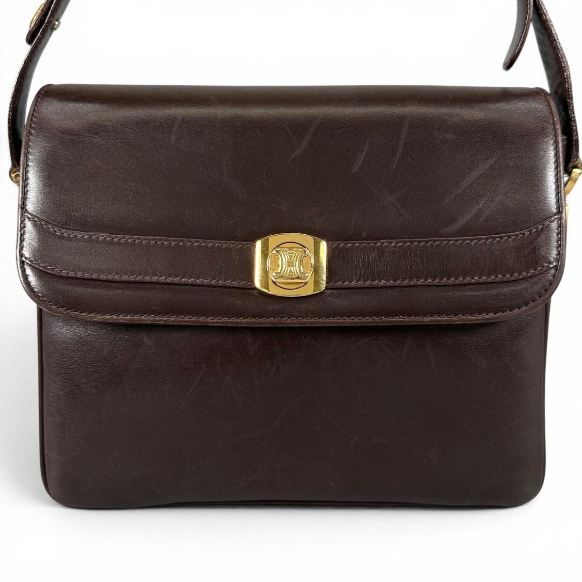 Celine Vintage Trinoff Leather Handbag Brown Gold