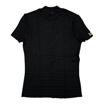Gucci Short Sleeve Shirt Mock Neck Rayon Logo Black Gold