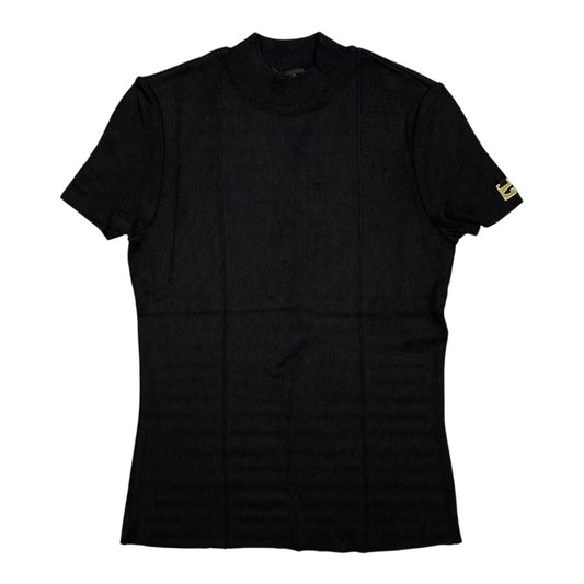 Gucci Short Sleeve Shirt Mock Neck Rayon Logo Black Gold