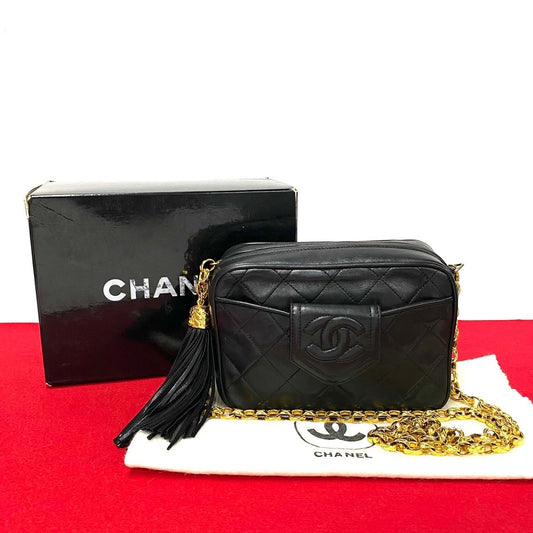 Chanel Quilted Lambskin Leather Fringe Chain Shoulder Bag Black